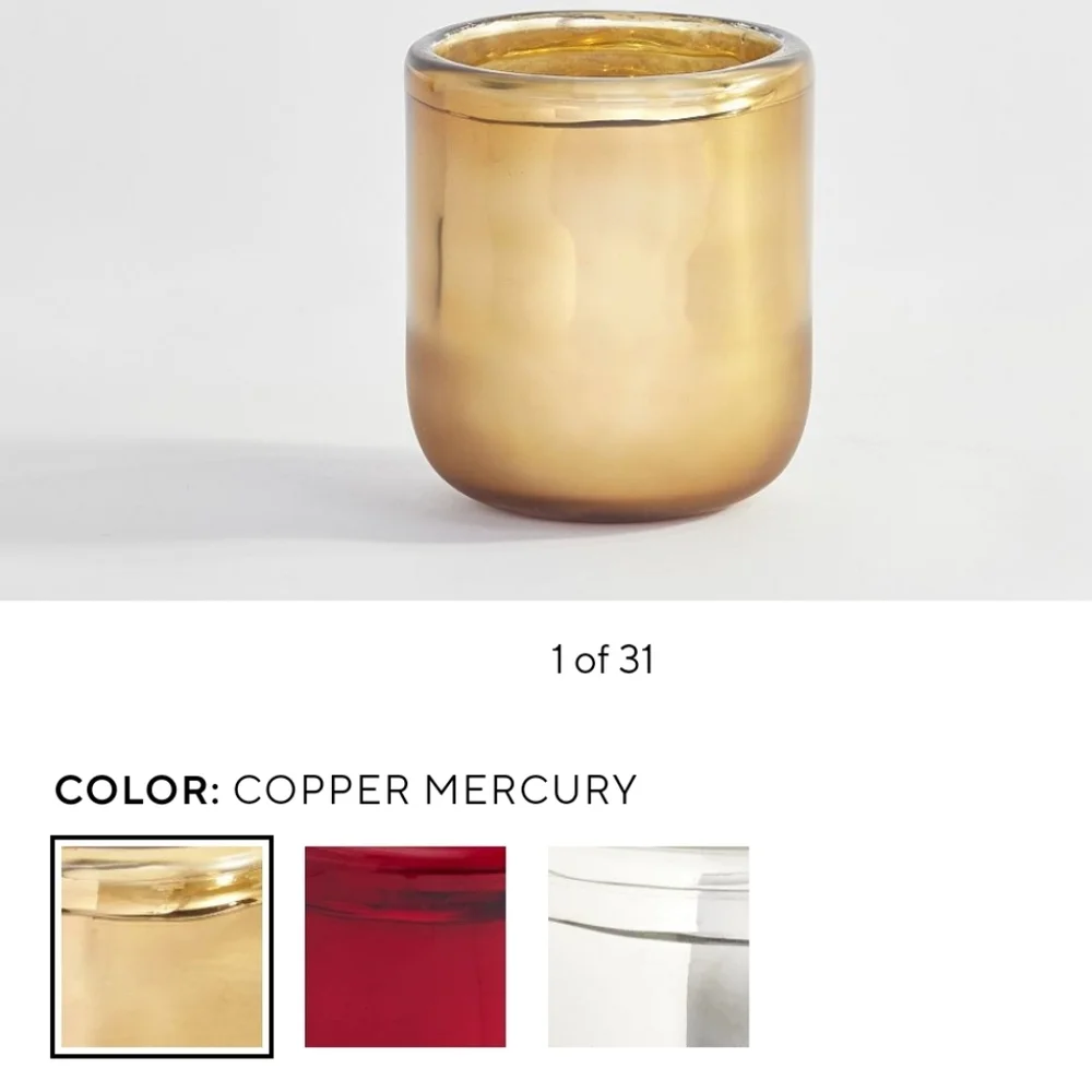 2 New Pottery Barn gold votive candle holders Linen textured & Brie copp…